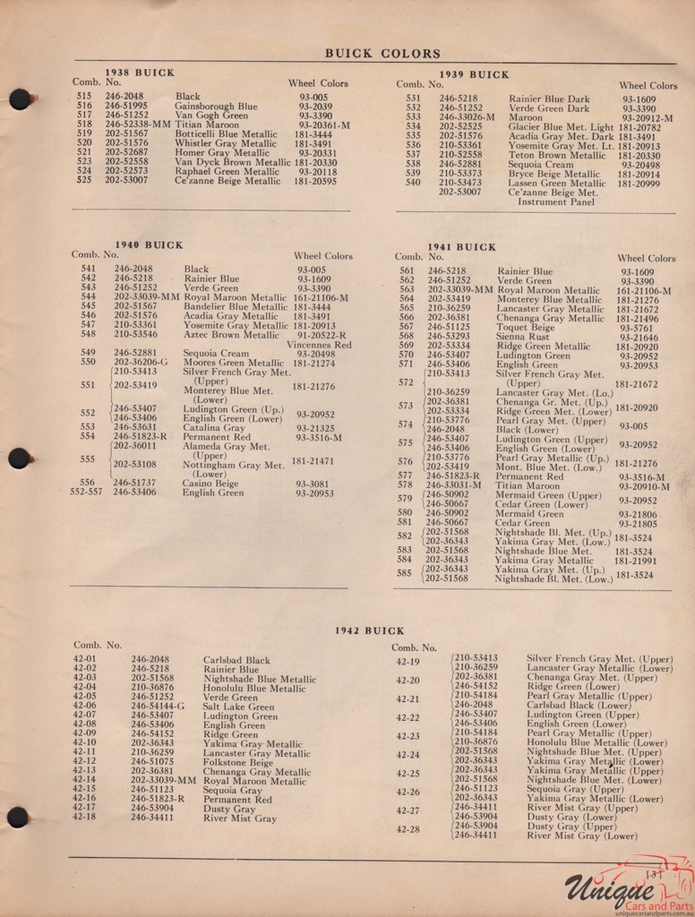 1942 Buick Paint Charts DuPont 5